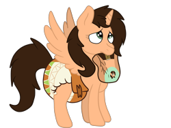 Size: 7000x5250 | Tagged: safe, artist:chewy-tartz, artist:fluffernutters16, imported from derpibooru, oc, oc:small brooke, alicorn, pony, alicorn oc, begging, book, brown coat, brown mane, diaper, diaper change, diaper fetish, female, fetish, horn, mare, non-baby in diaper, pleading, question mark, show accurate, simple background, solo, transparent background, wings