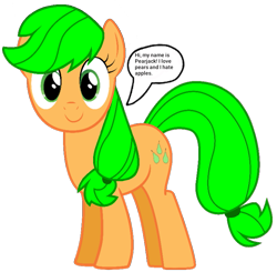 Size: 737x722 | Tagged: safe, artist:pagiepoppie12345, imported from derpibooru, applejack, earth pony, pony, dialogue, dishonorapple, female, food, fruit heresy, hatless, mare, missing accessory, pear, pearesy, pearjack, simple background, smiling, speech bubble, text, transparent background