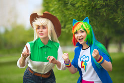 Size: 1280x854 | Tagged: safe, artist:mokachinchin, artist:seabeersky, imported from derpibooru, applejack, rainbow dash, human, equestria girls, applejack's hat, clothes, cosplay, costume, cowboy hat, duo, hat, irl, irl human, photo