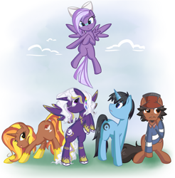 Size: 1067x1085 | Tagged: safe, artist:bamboodog, imported from derpibooru, oc, oc only, oc:butterscotch sundae, oc:lulu belle, oc:lunafyre, alicorn, earth pony, pegasus, pony, unicorn, alicorn oc, female, horn, male, mare, pegasus oc, stallion, unicorn oc, wings