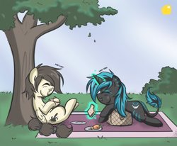 Size: 850x700 | Tagged: safe, artist:bamboodog, imported from derpibooru, oc, oc only, oc:cheshire grin, oc:inks, pegasus, pony, unicorn, basket, facial hair, food, leonine tail, picnic, picnic basket, picnic blanket, sandwich, sun, tail, tree