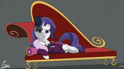 Size: 4800x2700 | Tagged: safe, artist:engi, imported from derpibooru, rarity, pony, unicorn, rarity investigates, bedroom eyes, clothes, couch, draw me like one of your french girls, eyeshadow, female, looking at you, makeup, simple background, smiling, solo