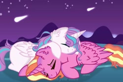 Size: 1076x722 | Tagged: safe, artist:kawaiibrxny, imported from derpibooru, luster dawn, princess flurry heart, alicorn, pony, unicorn, alicornified, cuddling, female, flurrydawn, heart eyes, lesbian, race swap, shipping, sleeping