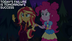 Size: 1920x1080 | Tagged: safe, edit, edited screencap, editor:quoterific, imported from derpibooru, screencap, pinkie pie, sunset shimmer, human, equestria girls, equestria girls series, sunset's backstage pass!, spoiler:eqg series (season 2), clothes, cutie mark on clothes, duo, duo female, female, geode of empathy, geode of sugar bombs, grin, magical geodes, music festival outfit, night, smiling, text