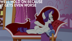 Size: 1920x1080 | Tagged: safe, edit, edited screencap, editor:quoterific, imported from derpibooru, screencap, rarity, pony, unicorn, ppov, season 6, carousel boutique, couch, female, mare, open mouth, solo, text