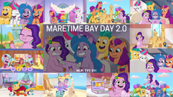 Size: 1974x1111 | Tagged: safe, edit, edited screencap, editor:quoterific, imported from derpibooru, screencap, hitch trailblazer, izzy moonbow, pipp petals, sunny starscout, zipp storm, bird, crab, earth pony, pegasus, pony, seagull, unicorn, spoiler:g5, spoiler:my little pony: tell your tale, spoiler:tyts01e11, balloon, believe it, blender (object), computer, corn, dahlia, delightful trifle, eyes closed, food, g5, grin, kenneth, laptop computer, mane five (g5), maretime bay day 2.0, mcsnips-a-lot, my little pony: tell your tale, open mouth, open smile, posey bloom, reprise, smiling, spread wings, sugarpuff lilac, text, wings