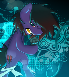 Size: 834x940 | Tagged: safe, artist:zeffdakilla, imported from derpibooru, oc, oc only, oc:frankie fang, pony, 2010s, abstract background, angry, bandage, bipedal, emo, microphone, nostalgia, open mouth, singing, solo