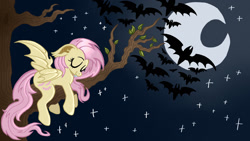 Size: 1280x720 | Tagged: safe, artist:goreharvest, imported from derpibooru, fluttershy, bat, bat pony, bat ponified, cute, daaaaaaaaaaaw, female, flutterbat, leaves, mare, moon, night, race swap, shyabates, shyabetes, sleeping, stars, tree, tree branch