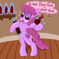 Size: 1280x1280 | Tagged: safe, artist:goreharvest, imported from derpibooru, berry punch, berryshine, earth pony, pony, alcohol, bipedal, drunk, female, go home you're drunk, hoof hold, mare, solo, wine