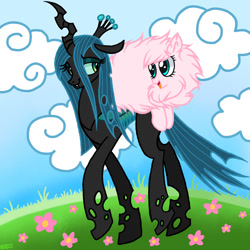 Size: 1280x1281 | Tagged: safe, artist:goreharvest, imported from derpibooru, queen chrysalis, oc, oc:fluffle puff, changeling, changeling queen, earth pony, pony, canon x oc, chrysipuff, duo, female, lesbian, shipping