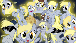 Size: 1280x720 | Tagged: safe, artist:goreharvest, imported from derpibooru, derpy hooves, pegasus, pony, bipedal, female, mare, muffin cannon, multeity, sunglasses, tongue out, unstoppable force of derp, wallpaper