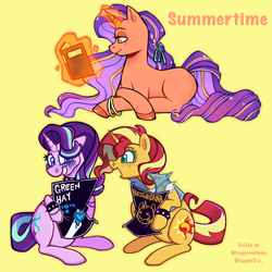 Size: 1700x1700 | Tagged: safe, artist:3ggmilky, artist:saggiemimms, imported from derpibooru, starlight glimmer, sunset shimmer, oc, oc:summertime, pony, unicorn, equestria girls, collaboration, female, lesbian, magical lesbian spawn, offspring, parent:starlight glimmer, parent:sunset shimmer, parents:shimmerglimmer, shimmerglimmer, shipping