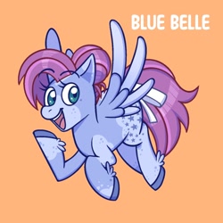 Size: 1350x1350 | Tagged: safe, artist:saggiemimms, imported from derpibooru, blue belle, pegasus, pony, blue belle (pegasus), bluebellebetes, bow, coat markings, cute, female, flapping, g1, g1 to g4, g4, generation leap, hoof fluff, leg fluff, mare, open mouth, open smile, orange background, race swap, raised arm, redesign, simple background, smiling, solo, tail, tail bow, white bow