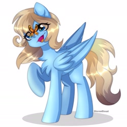 Size: 1773x1773 | Tagged: safe, artist:fluffywhirlpool, imported from derpibooru, oc, oc only, oc:lusty symphony, butterfly, pegasus, pony, chest fluff, female, happy, open mouth, pegasus oc, simple background, solo, white background, wings