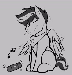 Size: 3949x4096 | Tagged: safe, artist:denzel, imported from derpibooru, oc, oc only, oc:kibbie, pegasus, bandana, cute, male, music, music notes, solo, stallion, vibing