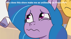 Size: 816x450 | Tagged: safe, edit, edited screencap, imported from derpibooru, screencap, izzy moonbow, pony, unicorn, spoiler:g5, spoiler:my little pony: tell your tale, spoiler:tyts01e11, g5, hot take, implied pinkie pie, maretime bay day 2.0, my little pony: tell your tale, op has an opinion, opinion