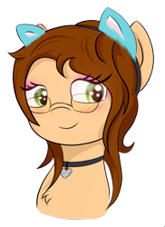 Size: 1709x2345 | Tagged: safe, artist:melody joy, imported from derpibooru, oc, oc:sunrise pegasus, pegasus, pony, blushing, bust, cat ears, collar, glasses, pegasus oc, portrait, simple background, smiling, transparent background