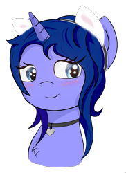 Size: 1709x2345 | Tagged: safe, artist:melody joy, imported from derpibooru, oc, oc:simetra, pony, unicorn, blushing, bust, cat ears, collar, portrait, simple background, smiling, transparent background