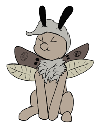 Size: 656x823 | Tagged: safe, artist:frilanka, imported from derpibooru, oc, oc only, oc:dusty miller, moth, mothpony, original species, cyoa:landfall, ><, colt, eyes closed, foal, male, scrunchy face, simple background, sitting, solo, white background