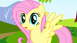 Size: 1280x720 | Tagged: safe, imported from derpibooru, screencap, fluttershy, pegasus, pony, friendship is magic, female, hill, mare, solo, spread wings, surprised, tree, wide eyes, wings