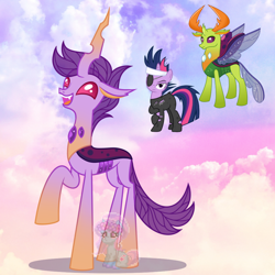 Size: 950x950 | Tagged: safe, artist:shiee-artopia223, imported from derpibooru, thorax, twilight sparkle, changedling, changeling, pony, unicorn, base used, changedling queen, eyepatch, female, fusion, future twilight, king thorax, mare, smiling, unicorn twilight, watermark