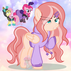 Size: 950x950 | Tagged: safe, artist:shiee-artopia223, imported from derpibooru, fluttershy, pinkie pie, earth pony, pegasus, pony, base used, clothes, costume, dangerous mission outfit, dress, eye clipping through hair, female, frown, fusion, goggles, hoodie, mare, raised hoof, saloon dress, saloon pinkie, worried