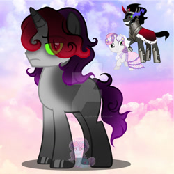 Size: 1280x1280 | Tagged: safe, artist:shiee-artopia223, imported from derpibooru, king sombra, sweetie belle, earth pony, pony, unicorn, base used, clothes, dress, eye clipping through hair, female, floral head wreath, flower, frown, fusion, hoof polish, mare
