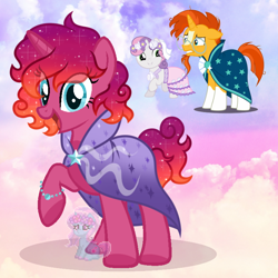 Size: 730x730 | Tagged: safe, artist:shiee-artopia223, imported from derpibooru, sunburst, sweetie belle, pony, unicorn, base used, clothes, coat markings, colored hooves, dress, ethereal mane, eyelashes, female, floral head wreath, flower, fusion, male, mare, smiling, socks (coat markings), stallion, starry mane