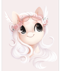 Size: 1140x1334 | Tagged: safe, artist:dammmnation, imported from derpibooru, oc, oc only, earth pony, pony, bust, earth pony oc, female, floral head wreath, flower, mare, simple background, smiling, solo