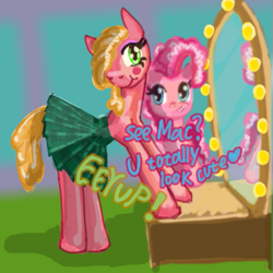 Size: 535x535 | Tagged: artist needed, source needed, safe, imported from derpibooru, big macintosh, pinkie pie, earth pony, pony, clothes, crossdressing, femboy, girly, makeup, male, mirror, simple background, skirt
