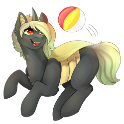 Size: 1868x1872 | Tagged: safe, artist:highrolleryt, imported from derpibooru, oc, oc only, changeling, changeling queen, beach ball, changeling queen oc, chest fluff, ear fluff, female, looking back, mare, simple background, smiling, solo, transparent background, yellow changeling