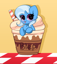 Size: 4328x4872 | Tagged: safe, artist:kittyrosie, imported from derpibooru, trixie, pony, unicorn, :p, blushing, brown background, chest fluff, cup, cup of pony, cute, diatrixes, female, frappuccino, horn, kittyrosie is trying to murder us, looking at you, mare, micro, simple background, smiling, smiling at you, solo, straw, tongue out, wingding eyes