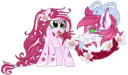 Size: 1280x748 | Tagged: safe, artist:lupulrafinat, imported from derpibooru, oc, oc only, cow plant pony, monster pony, original species, plant pony, pony, augmented, augmented tail, braid, closed species, female, flower, forked tongue, horns, looking back, plant, simple background, smiling, tail, transparent background