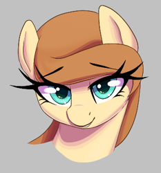 Size: 338x362 | Tagged: safe, artist:thebatfang, imported from derpibooru, oc, oc only, oc:cream heart, earth pony, pony, aggie.io, bedroom eyes, bust, earth pony oc, eyebrows, eyebrows visible through hair, female, gray background, looking at you, lowres, mare, simple background, smiling, solo