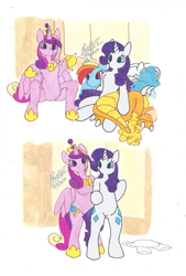 Size: 863x1280 | Tagged: safe, artist:bluelilytz, imported from derpibooru, princess cadance, rainbow dash, rarity, smolder, trixie, alicorn, dragon, original species, pegasus, plush pony, semi-anthro, unicorn, arm hooves, bodysuit, clothes, costume, crown, dream, fursuit, hoof shoes, implied human, jewelry, no mouth, partially open wings, peytral, plushie, ponysuit, regalia, signature, simple background, suit, traditional art, white background, wings