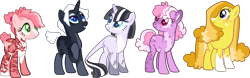 Size: 2748x861 | Tagged: safe, artist:klawiee, imported from derpibooru, oc, oc only, earth pony, pegasus, pony, unicorn, base used, coat markings, leonine tail, magical lesbian spawn, offspring, parent:applejack, parent:big macintosh, parent:cherry berry, parent:fluttershy, parent:maud pie, parent:night glider, parent:pinkie pie, parent:rarity, parent:sugar belle, parent:twilight sparkle, parents:fluttermac, parents:rarimaud, parents:sugarjack, simple background, tail, transparent background