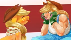Size: 3840x2160 | Tagged: safe, artist:applephil, imported from derpibooru, applejack, earth pony, human, pony, applejacked, breasts, busty applejack, clothes, duo, eyes closed, faic, female, floppy ears, gloves, granny smith's shawl, human ponidox, humanized, mare, muscles, muscular female, overalls, self paradox, self ponidox, shawl, silly, tongue out