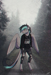 Size: 600x880 | Tagged: safe, artist:kingprobby, imported from derpibooru, oc, anthro, pegasus, unguligrade anthro, clothes, hoodie, pants, ripped pants, solo, torn clothes
