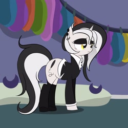 Size: 3000x3000 | Tagged: safe, artist:bestponies, imported from derpibooru, oc, oc only, oc:diamond horseshoe, pony, unicorn, alternate hairstyle, clothes, ear piercing, earring, eyeshadow, female, goth, horn, jewelry, makeup, mare, piercing, shoes, socks, suit, unicorn oc