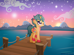 Size: 1200x895 | Tagged: safe, artist:jennieoo, imported from derpibooru, oc, oc only, pony, unicorn, amazed, cloud, female, filly, foal, happy, morning, pier, show accurate, sky, solo, starry eyes, teenager, vector, water, wingding eyes