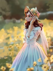 Size: 2000x2657 | Tagged: safe, artist:annna markarova, imported from derpibooru, oc, oc only, anthro, pegasus, bow, clothes, cottagecore, cute, dress, eyes open, flower, flower in hair, hair bow, hat, ocbetes, solo, summer, sun hat, sundress