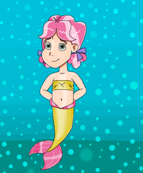 Size: 920x1109 | Tagged: safe, artist:ocean lover, imported from derpibooru, kettle corn, human, mermaid, bandeau, bare shoulders, belly button, bubble, child, cute, disney style, fins, fish tail, gradient background, hand behind back, human coloration, humanized, kettlebetes, looking at you, mermaid tail, mermaidized, mermay, midriff, ribbon, shiny skin, smiling, smiling at you, solo, species swap, tail, tail fin, underwater, water