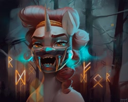 Size: 2048x1636 | Tagged: safe, artist:annna markarova, imported from derpibooru, oc, pony, unicorn, digital art, forest, futhark, looking at you, mask, open mouth, runes, solo
