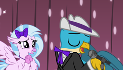 Size: 1052x598 | Tagged: safe, artist:disneymarvel96, edit, imported from derpibooru, vector edit, gallus, silverstream, griffon, hippogriff, bow, bowtie, clothes, duo, female, gallstream, hair bow, hat, jazz, male, microphone, ribbon bow tie, rock and roll, shipping, straight, suit, vector