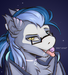 Size: 2092x2305 | Tagged: safe, alternate version, artist:snowstormbat, imported from derpibooru, oc, oc only, oc:midnight snowstorm, bat pony, bodypaint, bust, candy, dialogue, fluffy, food, glasses, lollipop, male, ponytail, portrait, smiling, solo, tribal, wings