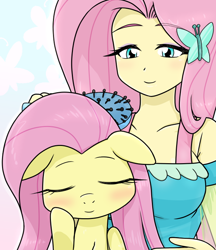 Size: 640x740 | Tagged: safe, artist:batipin, imported from derpibooru, part of a set, fluttershy, human, pegasus, pony, equestria girls, blushing, breasts, brush, brushing mane, busty fluttershy, butterfly hairpin, clothes, cute, dress, duality, duo, eyes closed, eyeshadow, female, floppy ears, fluttershy boho dress, hairbrush, hairpin, human ponidox, lidded eyes, makeup, self paradox, self ponidox, shyabetes, weapons-grade cute