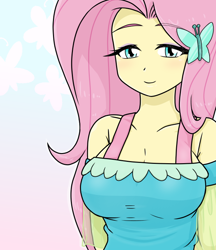 Size: 640x740 | Tagged: safe, alternate version, artist:batipin, imported from derpibooru, fluttershy, human, equestria girls, blushing, breasts, busty fluttershy, cleavage, clothes, dress, female, fluttershy boho dress, hairpin, lidded eyes, looking at you, solo