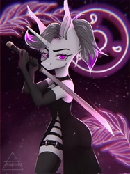 Size: 1532x2048 | Tagged: safe, artist:shinech9, imported from derpibooru, oc, oc only, oc:hazel radiate, anthro, unicorn, anthro oc, belt buckle, blurry background, clothes, commission, commissioner:biohazard, dark background, dress, ear fluff, evening gloves, eyebrows, eyelashes, female, gloves, highlights, horn, katana, long gloves, looking at you, mare, neon, no tail, ponytail, pose, purple eyes, shoulderless, side slit, socks, solo, starry background, stockings, sword, thigh highs, thigh muffintop, unicorn oc, weapon, ych result