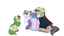 Size: 1280x732 | Tagged: safe, artist:itstechtock, imported from derpibooru, oc, oc:emerald grove, oc:gilded leaf, oc:lavender joy, oc:waxing lyrical, bat pony, kirin, unicorn, floral head wreath, flower, simple background, transparent background