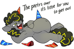 Size: 2100x1400 | Tagged: safe, artist:change, imported from derpibooru, oc, oc:bug-zapper, earth pony, pony, armpits, belly, belly button, big belly, hat, open mouth, party hat, simple background, story in the source, transparent background, vore